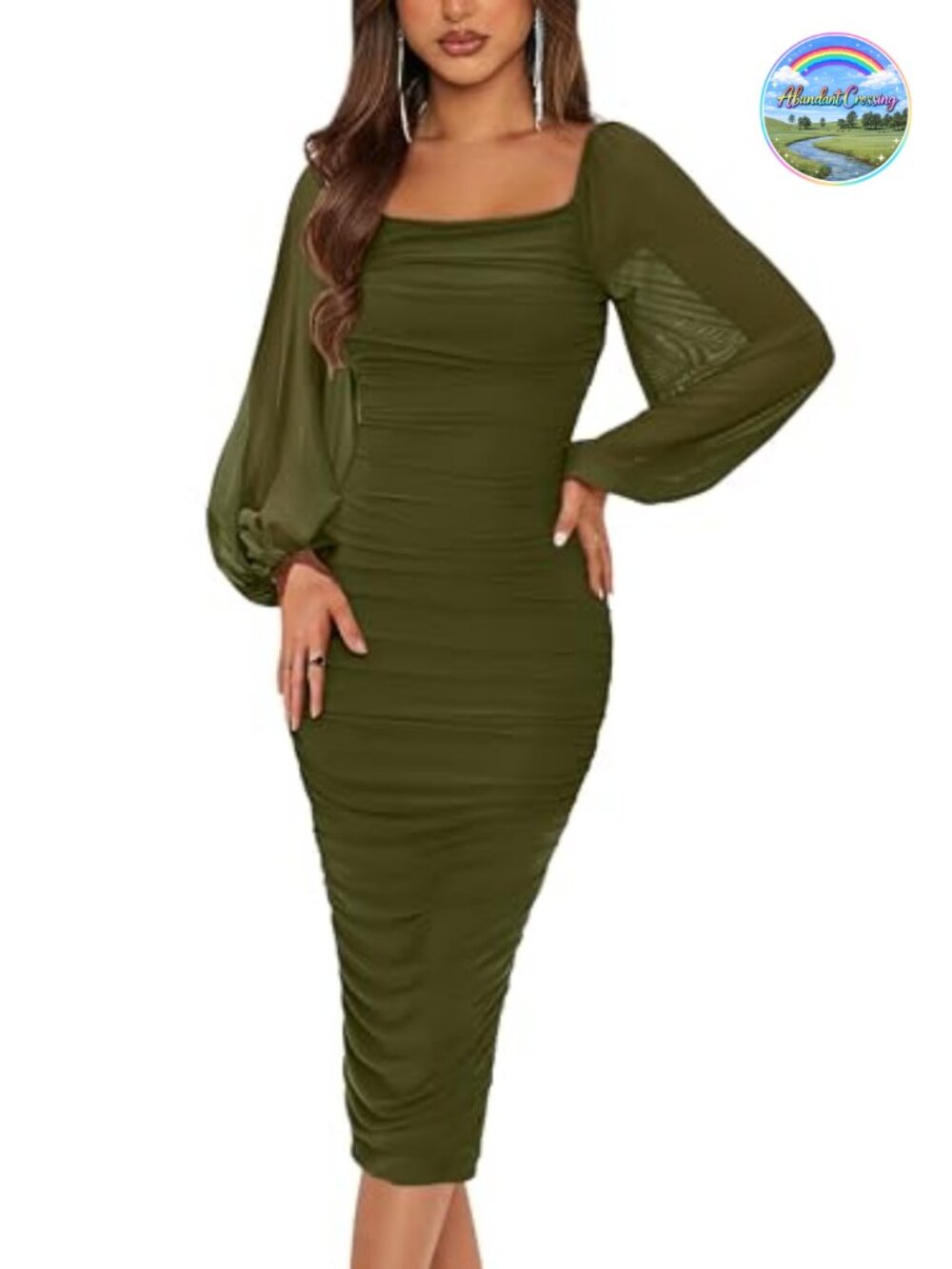Women's Long Puff Sleeve Ruched Midi Bodycon Dress Mesh Party Cocktail